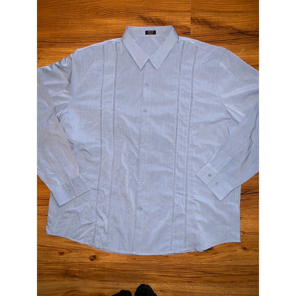 COOFANDY Mens 3XL Light Blue Guayabera Style Long Sleeve Lace Panel Button Shirt - Picture 2 of 10